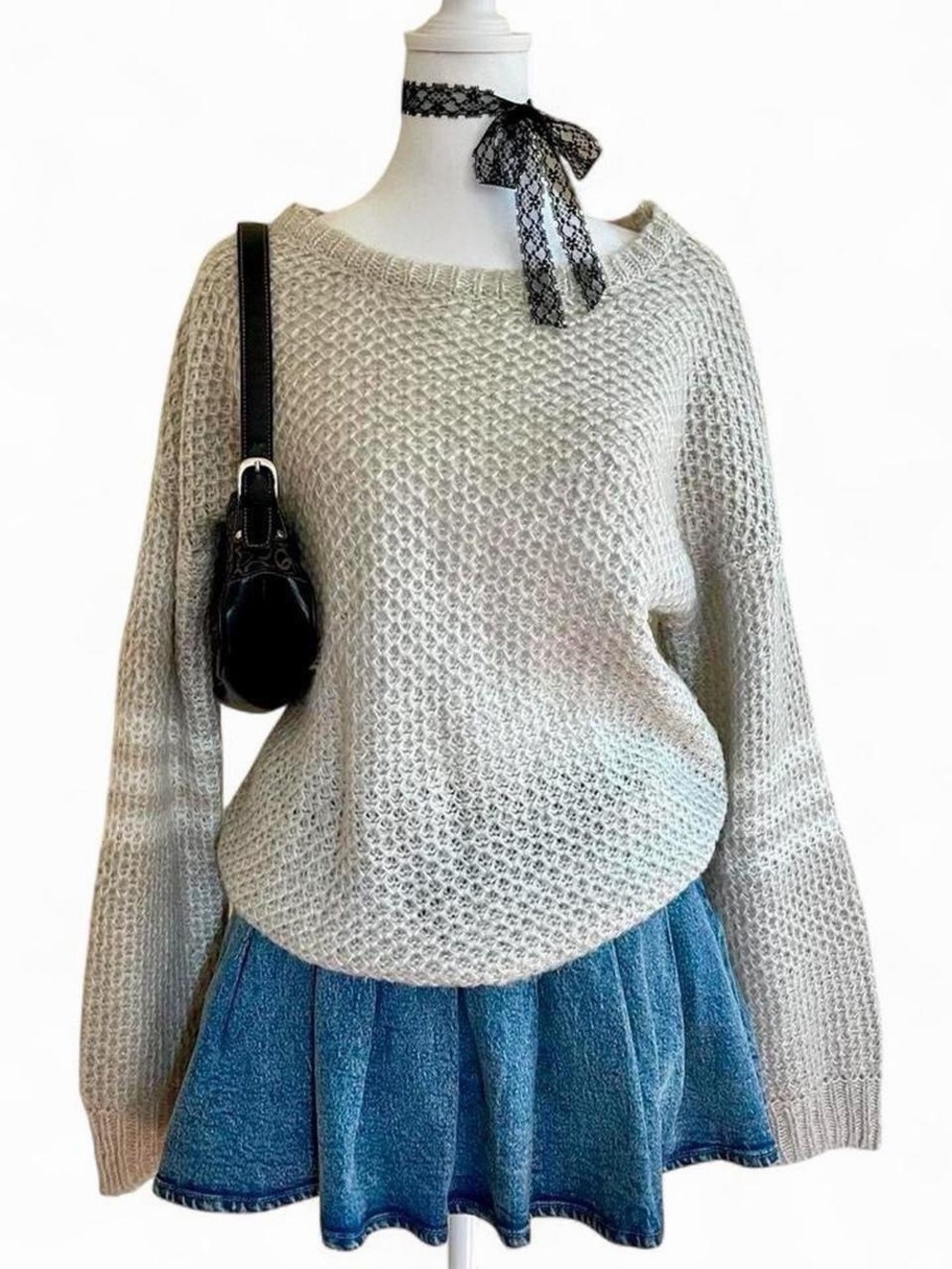 Vintage Y2K crochet varsity racer stripe knit sweater gray Jessica Simpson M
